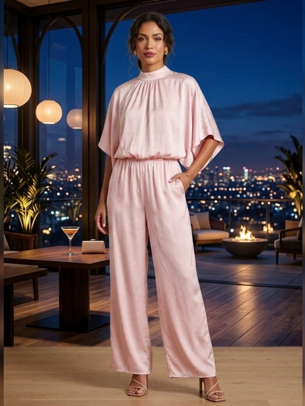 PRETTY GARDEN Elegant Pink Satin Jumpsuit